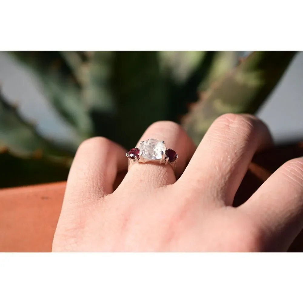 Raw stone ring Montana sapphire, herkimer diamond, aquamarine, emerald
